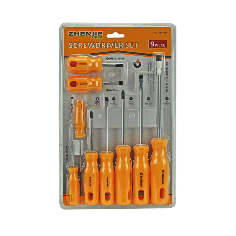 9pcs ডাবল ইনজেক্টেড সফট হ্যান্ডেল স্লটেড এবং ফিলিপস সিআরভি স্ক্রু ড্রাইভার সেট